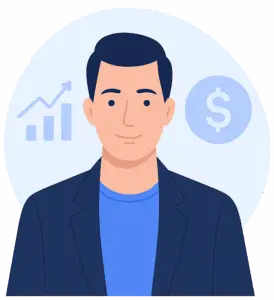 Eine illustration im Anzug. Im Hintergrund wird ein Chart mit einem aufsteigenden Pfeil angezeigt. Auf der rechten Seite ein Dollarzeichen. Investieren Lernen Kurs