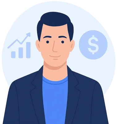 Eine illustration im Anzug. Im Hintergrund wird ein Chart mit einem aufsteigenden Pfeil angezeigt. Auf der rechten Seite ein Dollarzeichen. Investieren Lernen Kurs